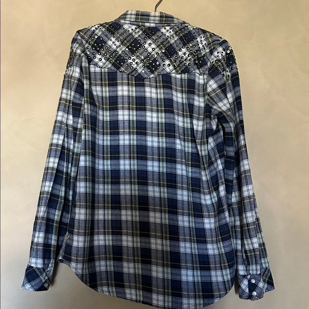 GUESS Flannel Button Pearl Snap Shirt Blue Plaid Rhinestones Women's Meduim - Picture 3 of 6